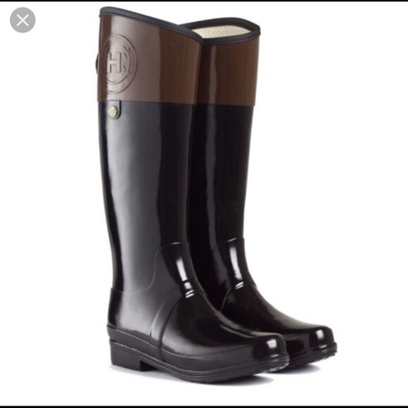 Hunter Regent Carlyle Regal Rain Boots Shiney Rubber Black Brown - Picture 1 of 17